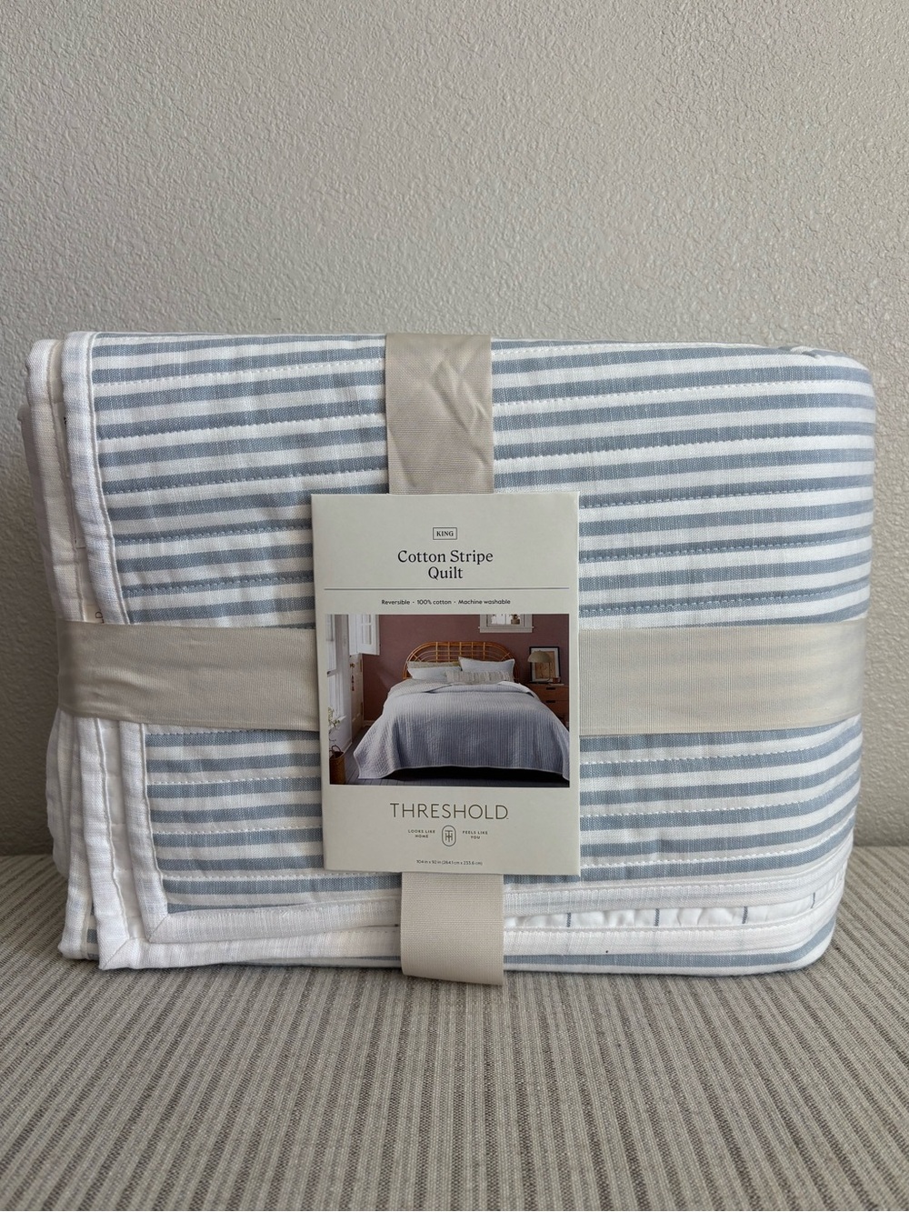 NWT King Reversible Cotton Stripe Quilt Light Blue - Threshold